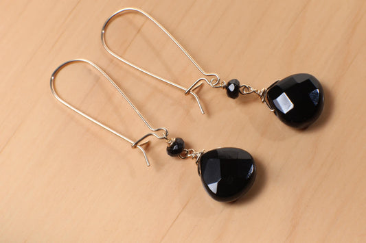 Black Onyx Faceted Teardrop Dangling Wire Wrapped Kidney Earwire in 14K Gold Filled, Also Available in 925 Sterling Silver