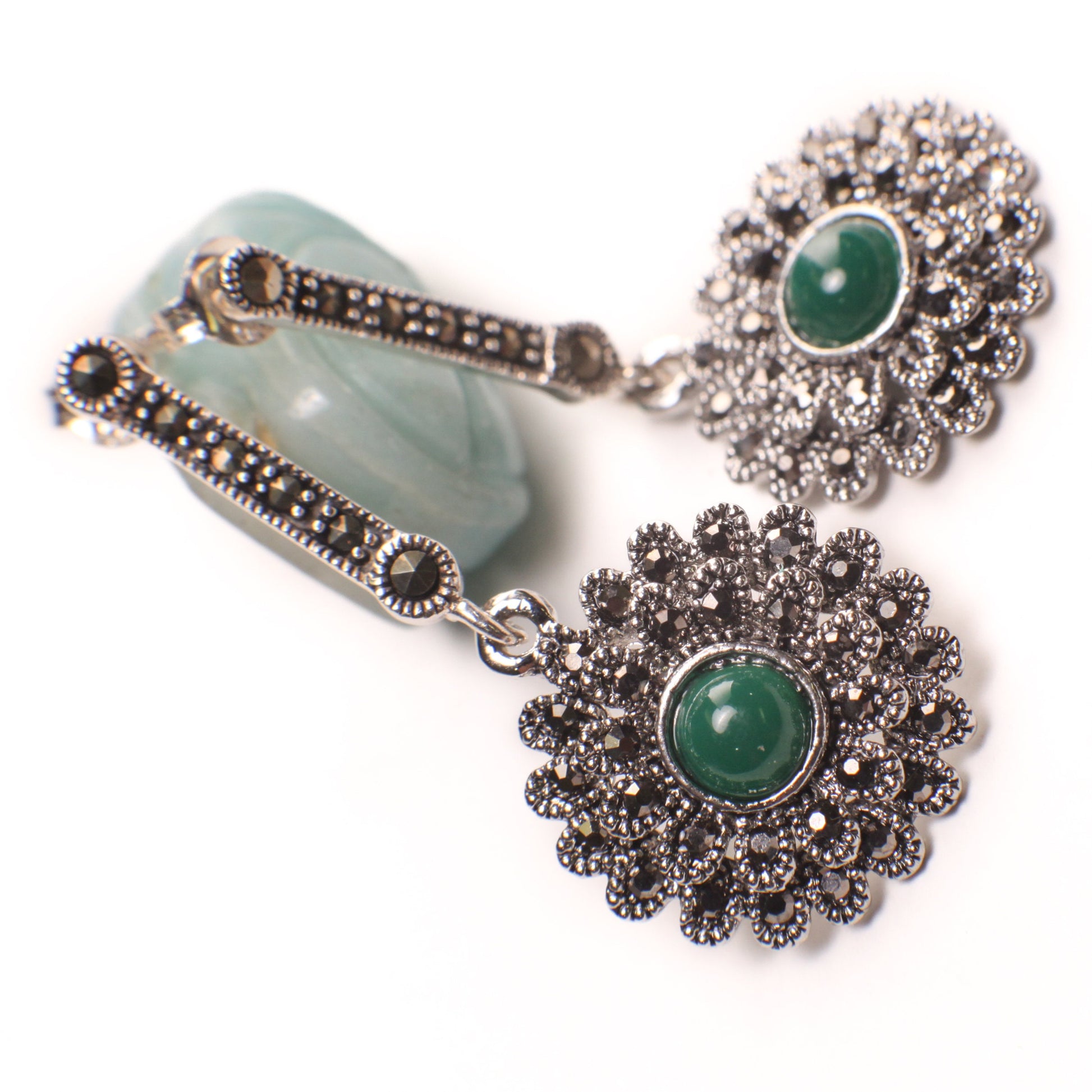 925 Sterling Silver Green Onyx 17mm Fancy Marcasite dangling stud earrings. 925 stamped, Antique vintage gift for her