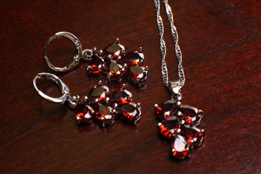 Genuine Mozambique Garnet Teardrop Dangling 925 Sterling Silver Earrings and Pendant Necklace set, 925 Stamped, Boho,Valentines Holiday Gift