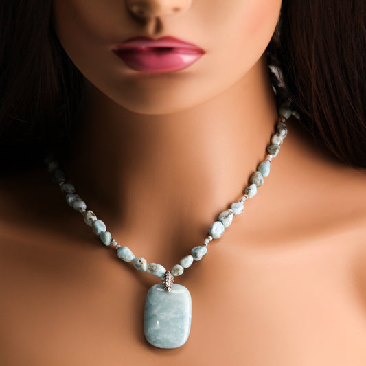 Natural Larimar Raw Nugget 6-8mm, Larimar 3mm Spacer Necklace, Matching Larimar Pendant 18" Necklace with 3" Rhodium Extension Chain