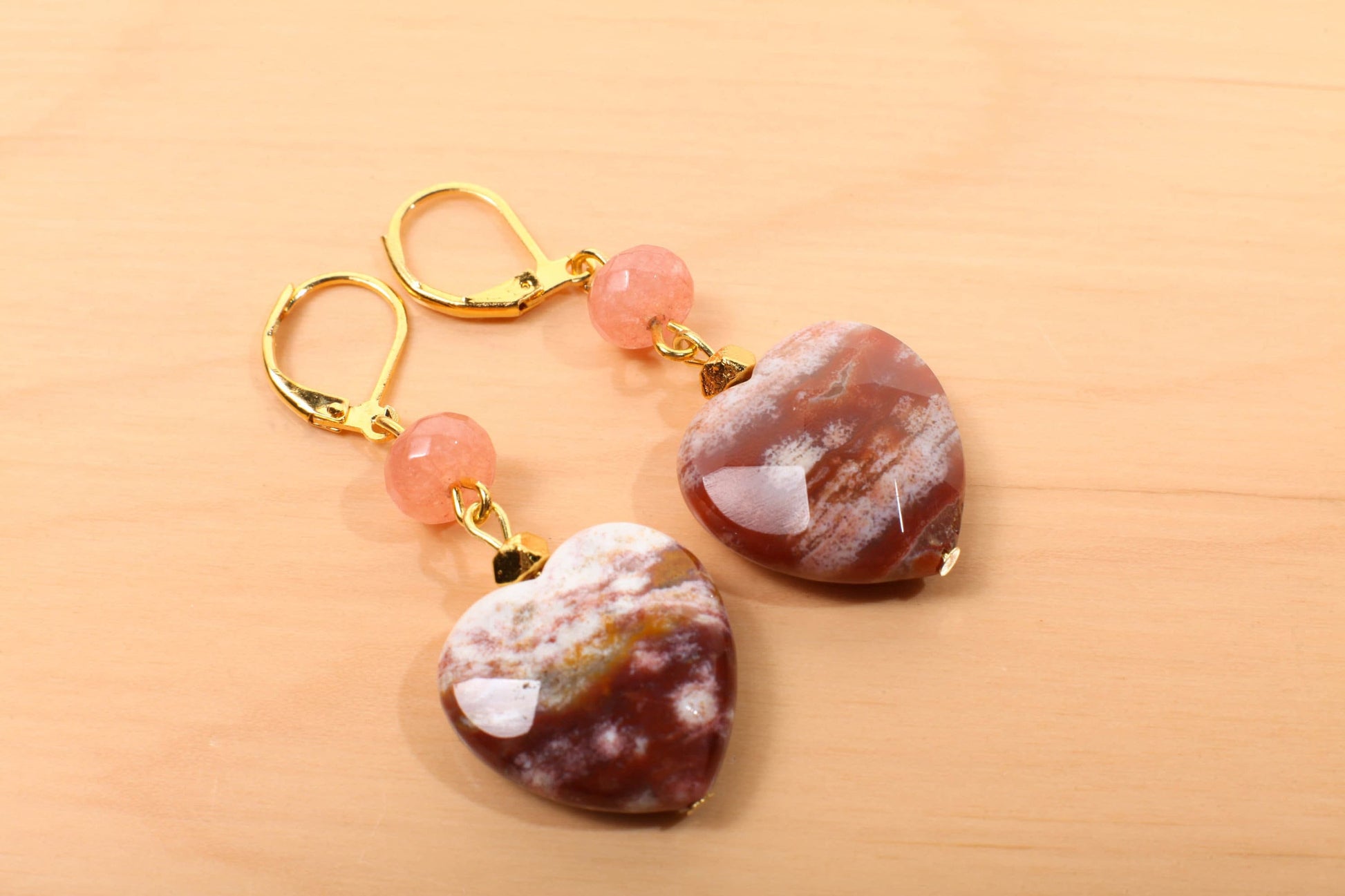 Ocean Jasper 20mm Large Faceted Heart, Peach Aventurine Spacers Dangle Earrings, Vintage Natural Gemstone Handmade Gift For Her