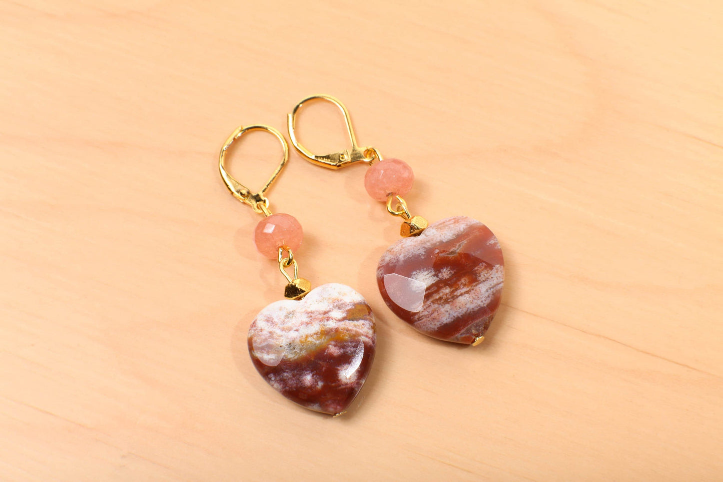 Ocean Jasper 20mm Large Faceted Heart, Peach Aventurine Spacers Dangle Earrings, Vintage Natural Gemstone Handmade Gift For Her