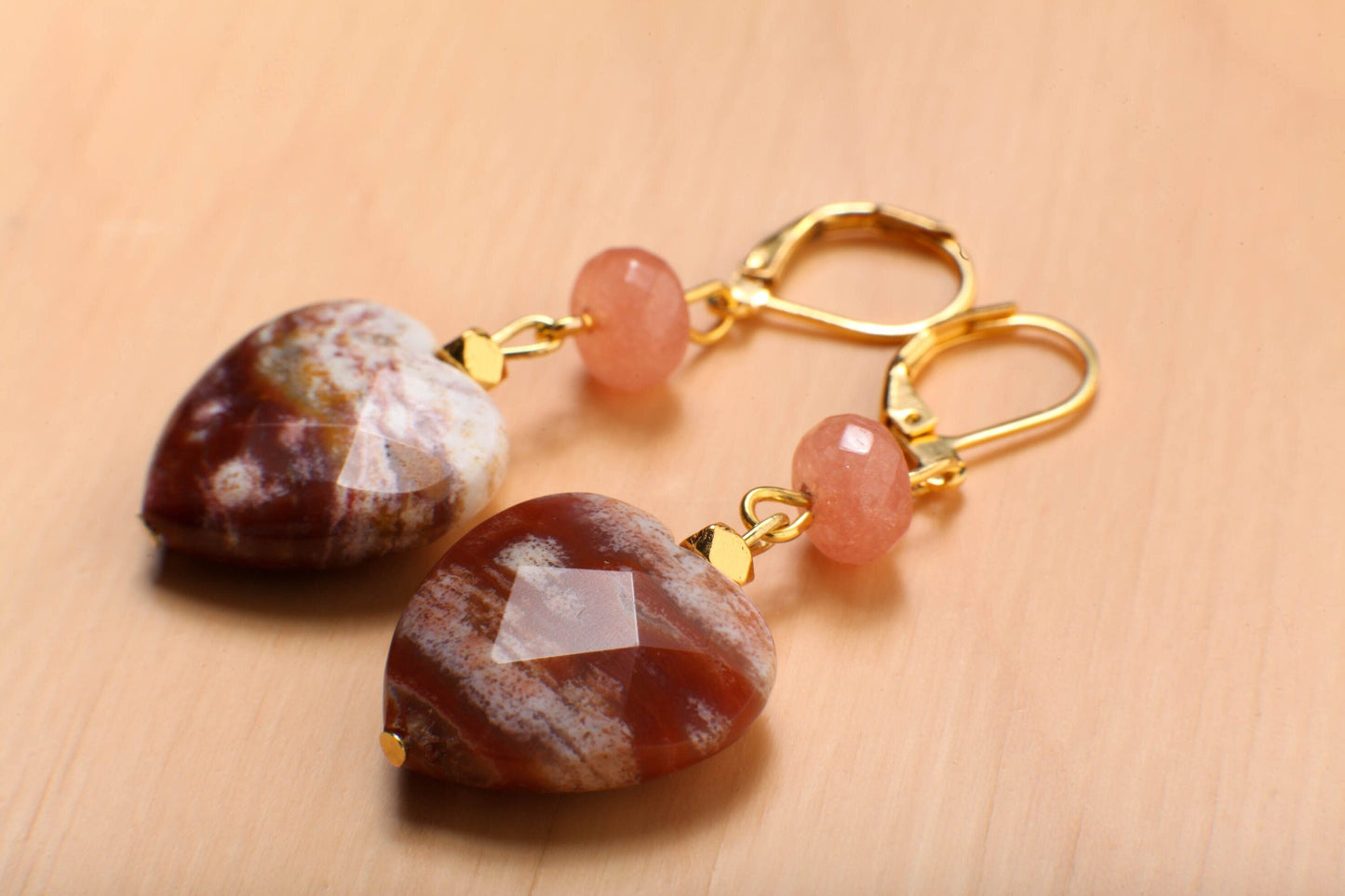 Ocean Jasper 20mm Large Faceted Heart, Peach Aventurine Spacers Dangle Earrings, Vintage Natural Gemstone Handmade Gift For Her