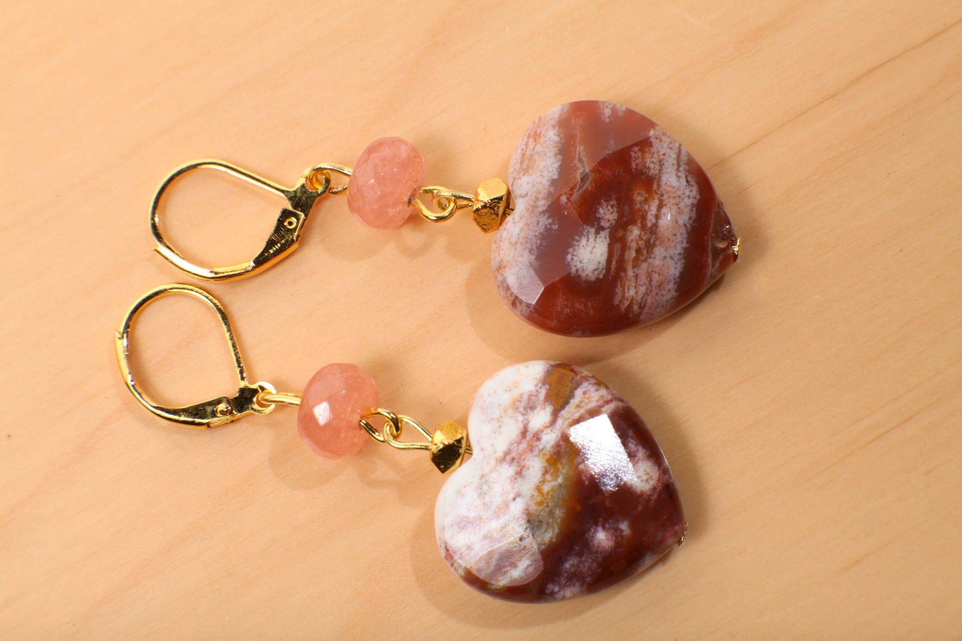 Ocean Jasper 20mm Large Faceted Heart, Peach Aventurine Spacers Dangle Earrings, Vintage Natural Gemstone Handmade Gift For Her