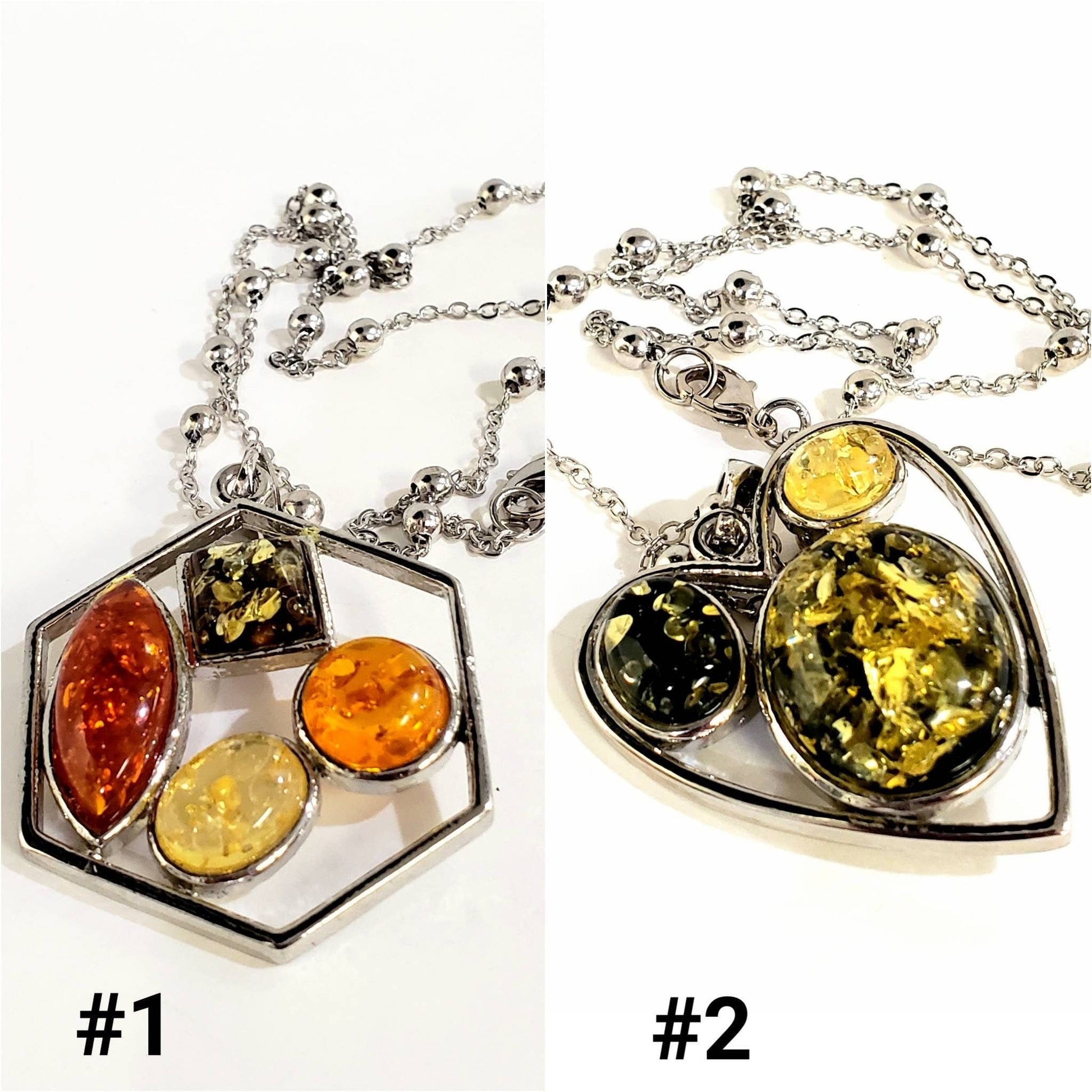 Honey yellow and green resin amber rhodium silver large pendant and rhodium silver 20" ball cable chain , vintage women gift for her.