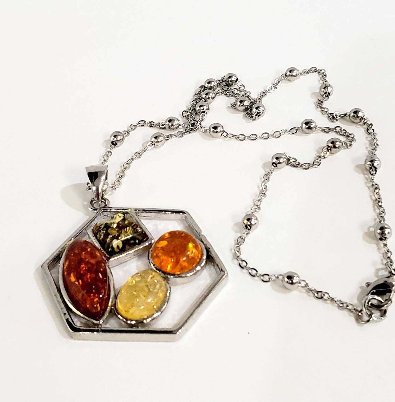 Honey yellow and green resin amber rhodium silver large pendant and rhodium silver 20" ball cable chain , vintage women gift for her.