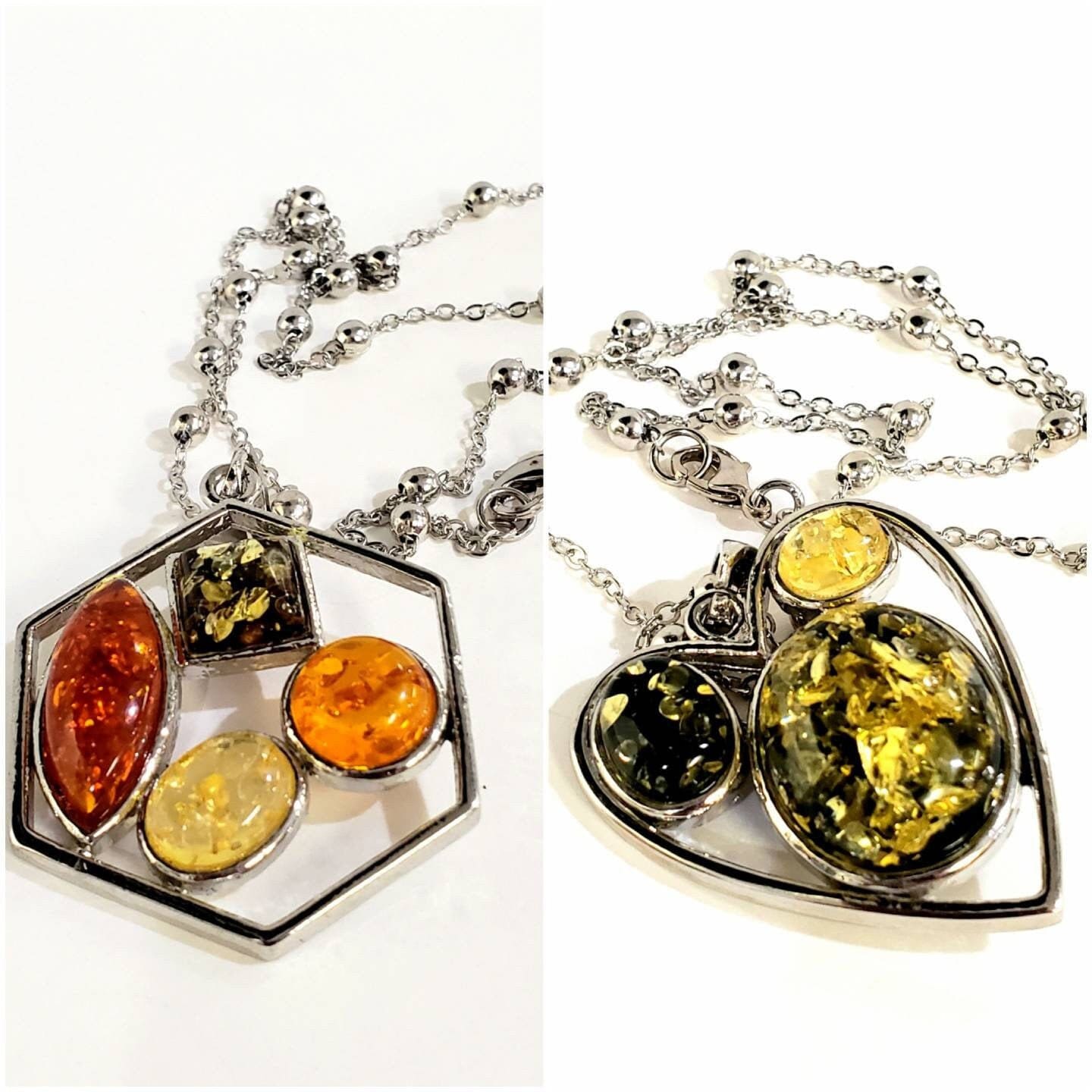 Honey yellow and green resin amber rhodium silver large pendant and rhodium silver 20" ball cable chain , vintage women gift for her.