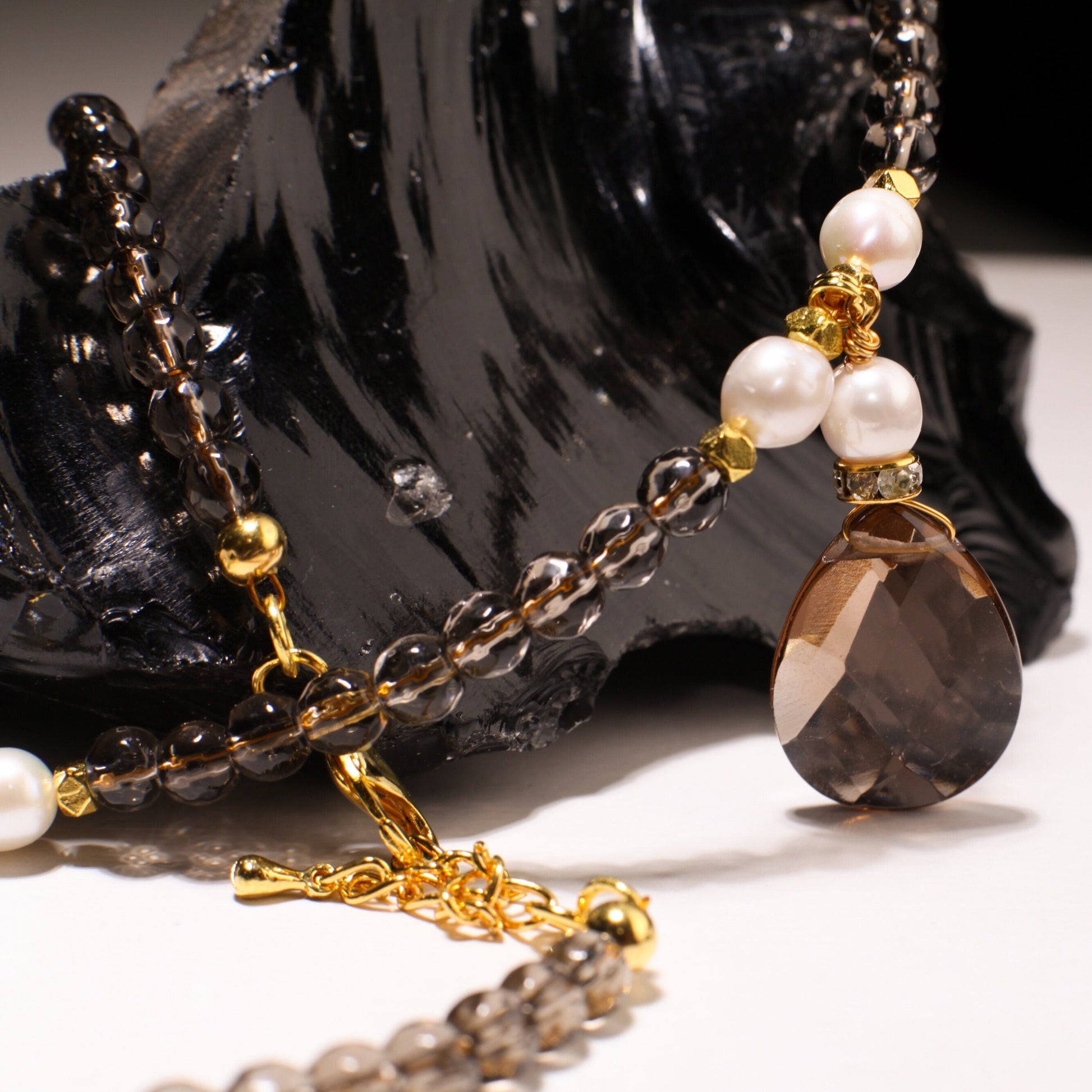 Genuine Smokey Quartz Faceted Pear Drop 18x25mm Pendant, Freshwater 7mm Pearl, Smokey Qz 6mm faceted bead, 19" Necklace with 1.5" Extension