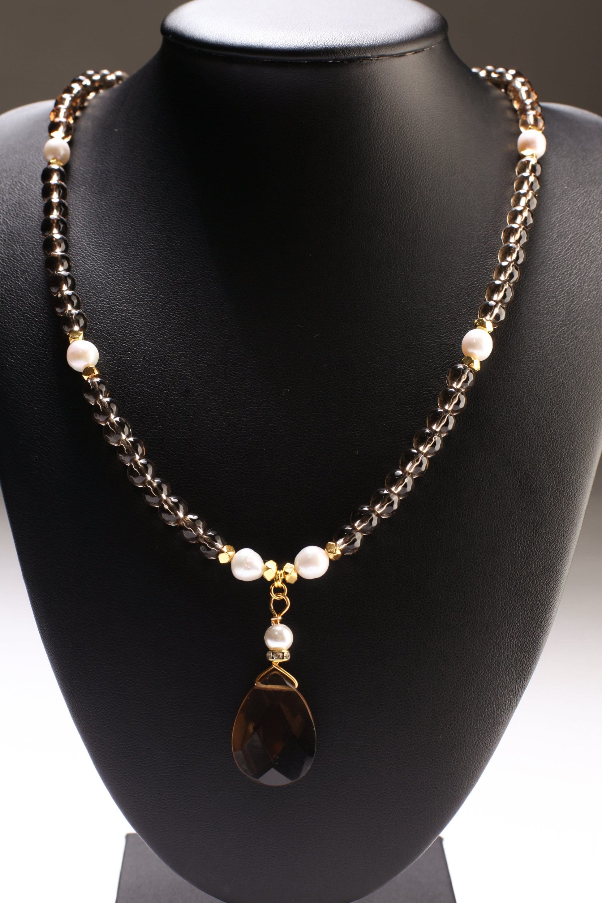 Genuine Smokey Quartz Faceted Pear Drop 18x25mm Pendant, Freshwater 7mm Pearl, Smokey Qz 6mm faceted bead, 19&quot; Necklace with 1.5&quot; Extension