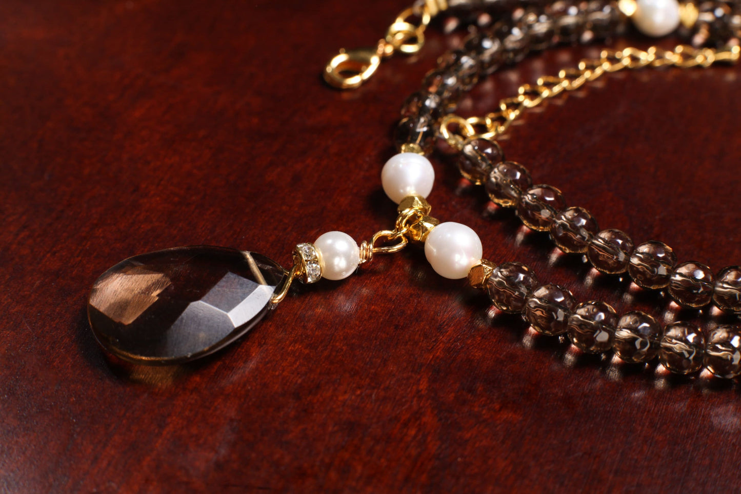 Genuine Smokey Quartz Faceted Pear Drop 18x25mm Pendant, Freshwater 7mm Pearl, Smokey Qz 6mm faceted bead, 19" Necklace with 1.5" Extension