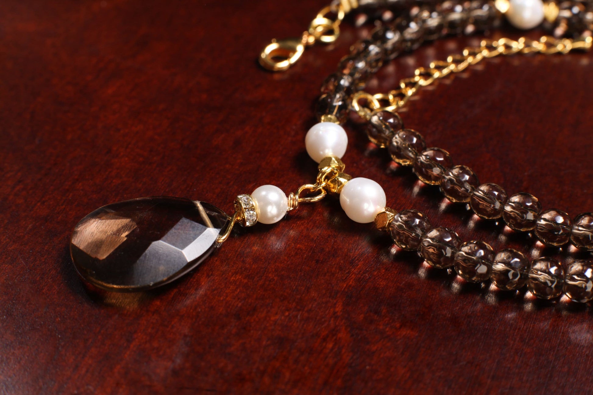 Genuine Smokey Quartz Faceted Pear Drop 18x25mm Pendant, Freshwater 7mm Pearl, Smokey Qz 6mm faceted bead, 19" Necklace with 1.5" Extension
