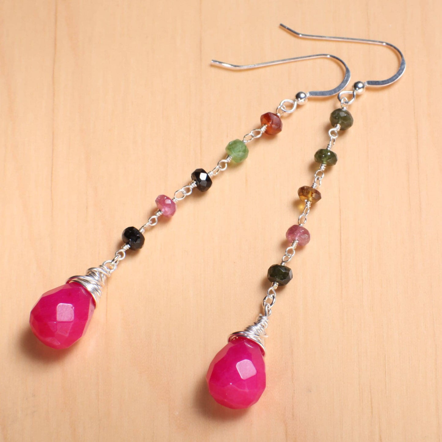 Watermelon Tourmaline Wire Wrapped Dangling Fuchsia Hot Pink Quartz in 925 Sterling Silver Earwire, Handmade Gift For Her