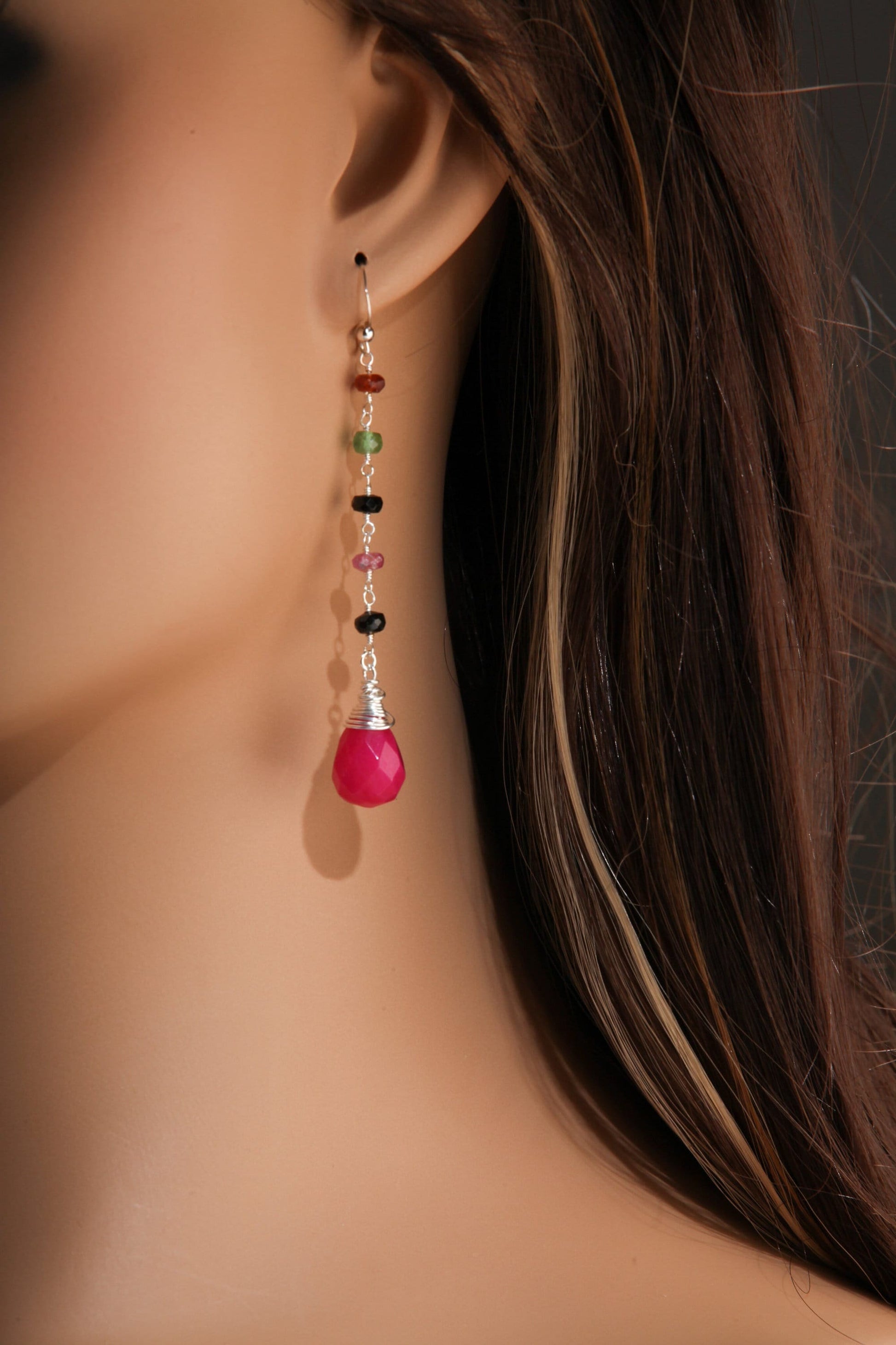 Watermelon Tourmaline Wire Wrapped Dangling Fuchsia Hot Pink Quartz in 925 Sterling Silver Earwire, Handmade Gift For Her
