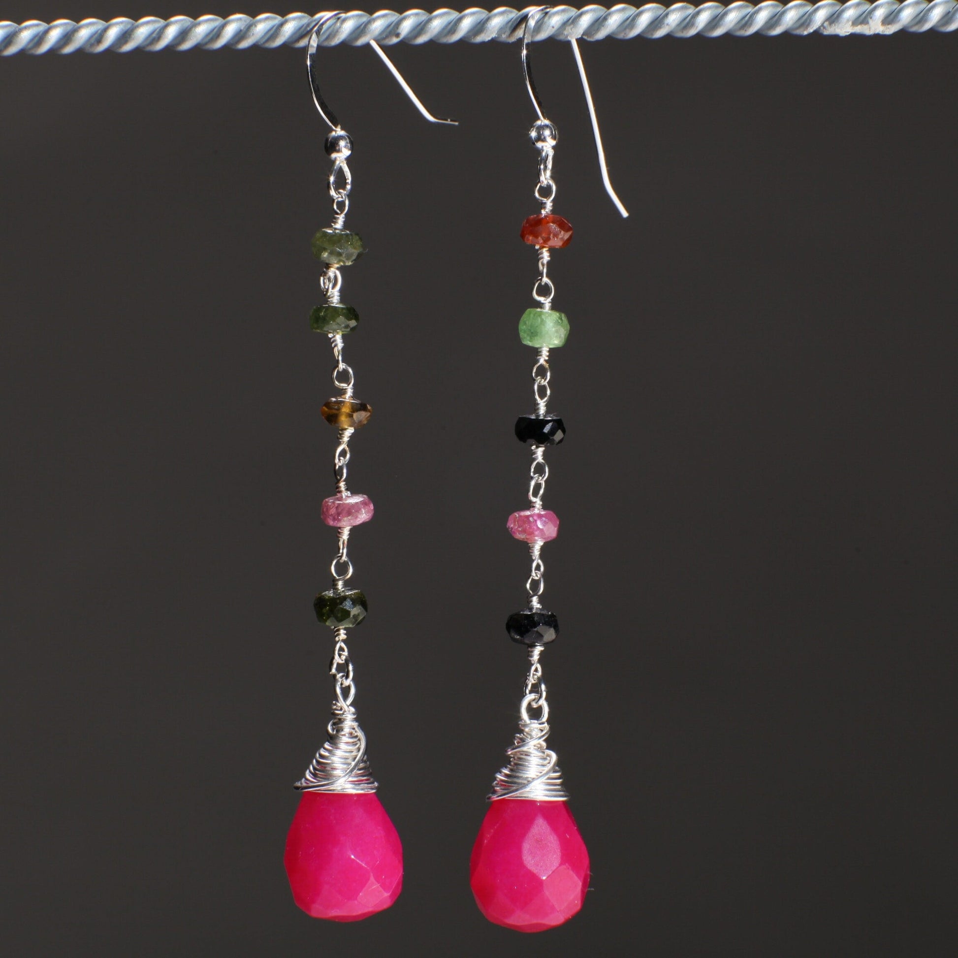 Watermelon Tourmaline Wire Wrapped Dangling Fuchsia Hot Pink Quartz in 925 Sterling Silver Earwire, Handmade Gift For Her