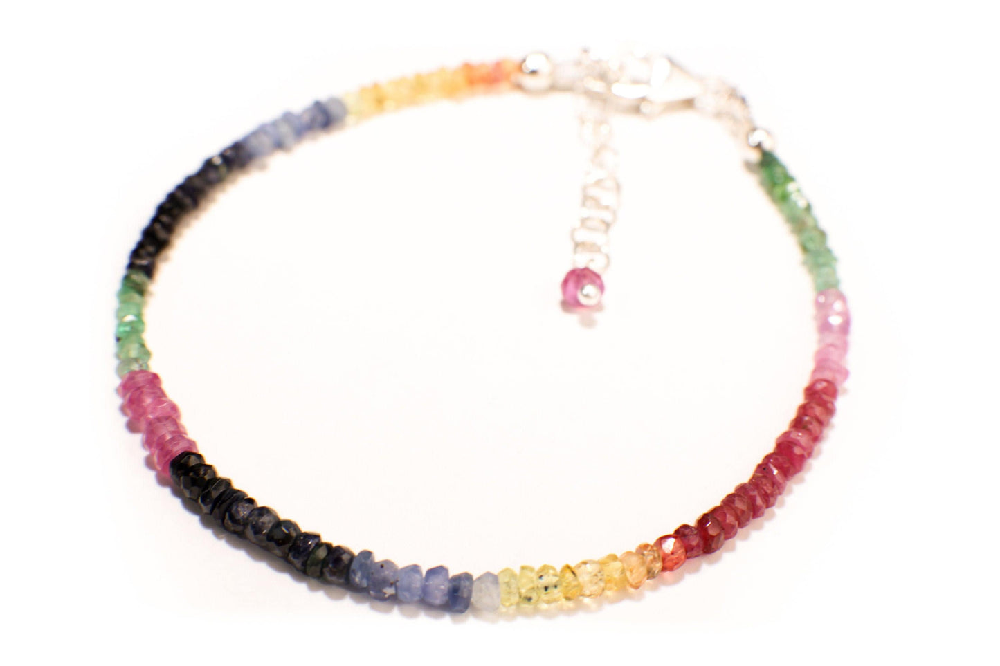 Natural Multi Sapphire, Ruby, Emerald AAA Faceted 3-3.5mm Rondelle Multi Precious Gemstone in 925 Sterling Silver Bracelet