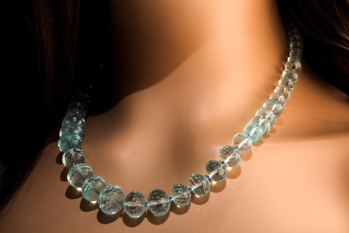 Aqua Quartz Faceted Graduated Rondelle 20.5&quot; Necklace, silver Toggle Clasp, Gift for her