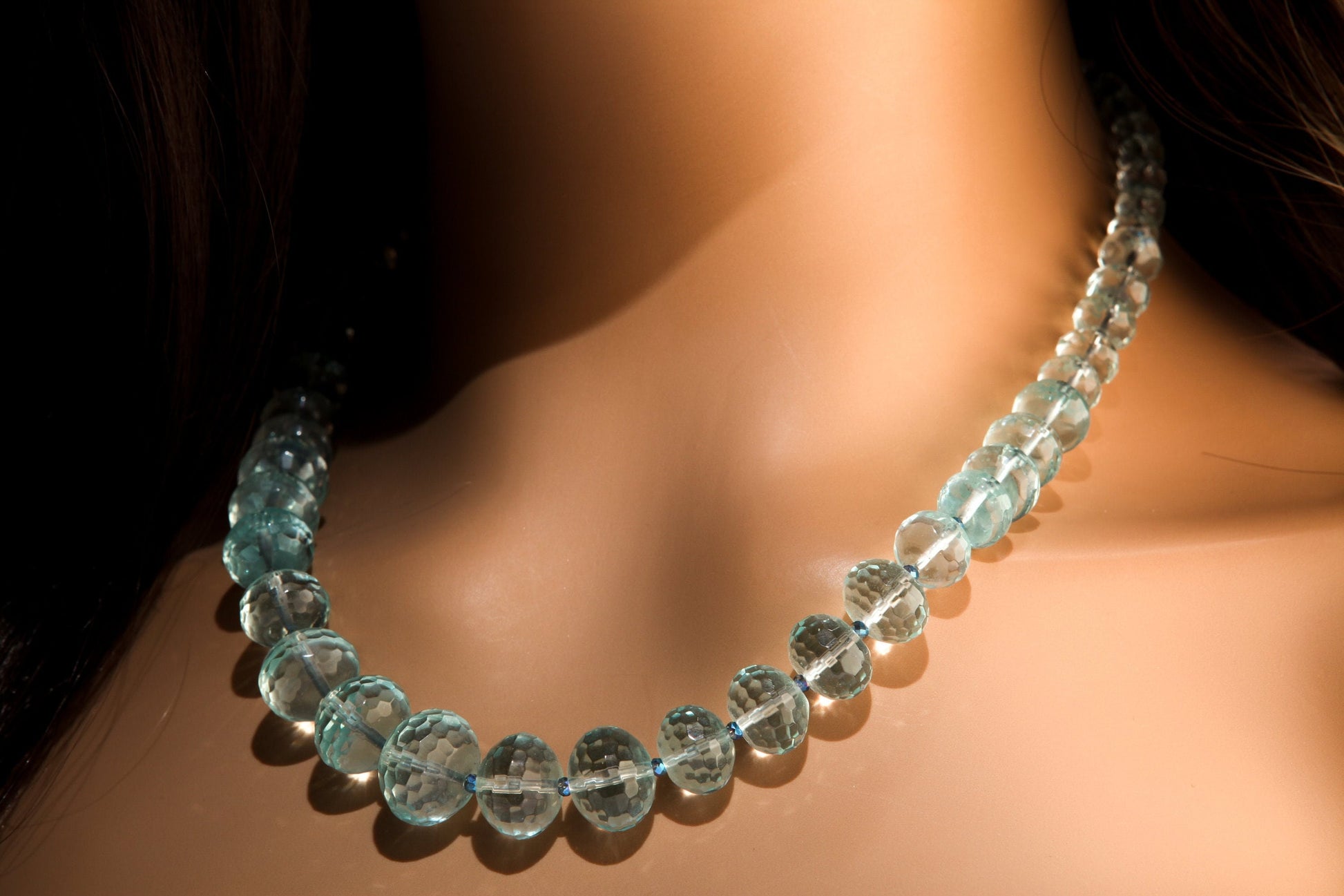 Aqua Quartz Faceted Graduated Rondelle 20.5" Necklace, silver Toggle Clasp, Gift for her