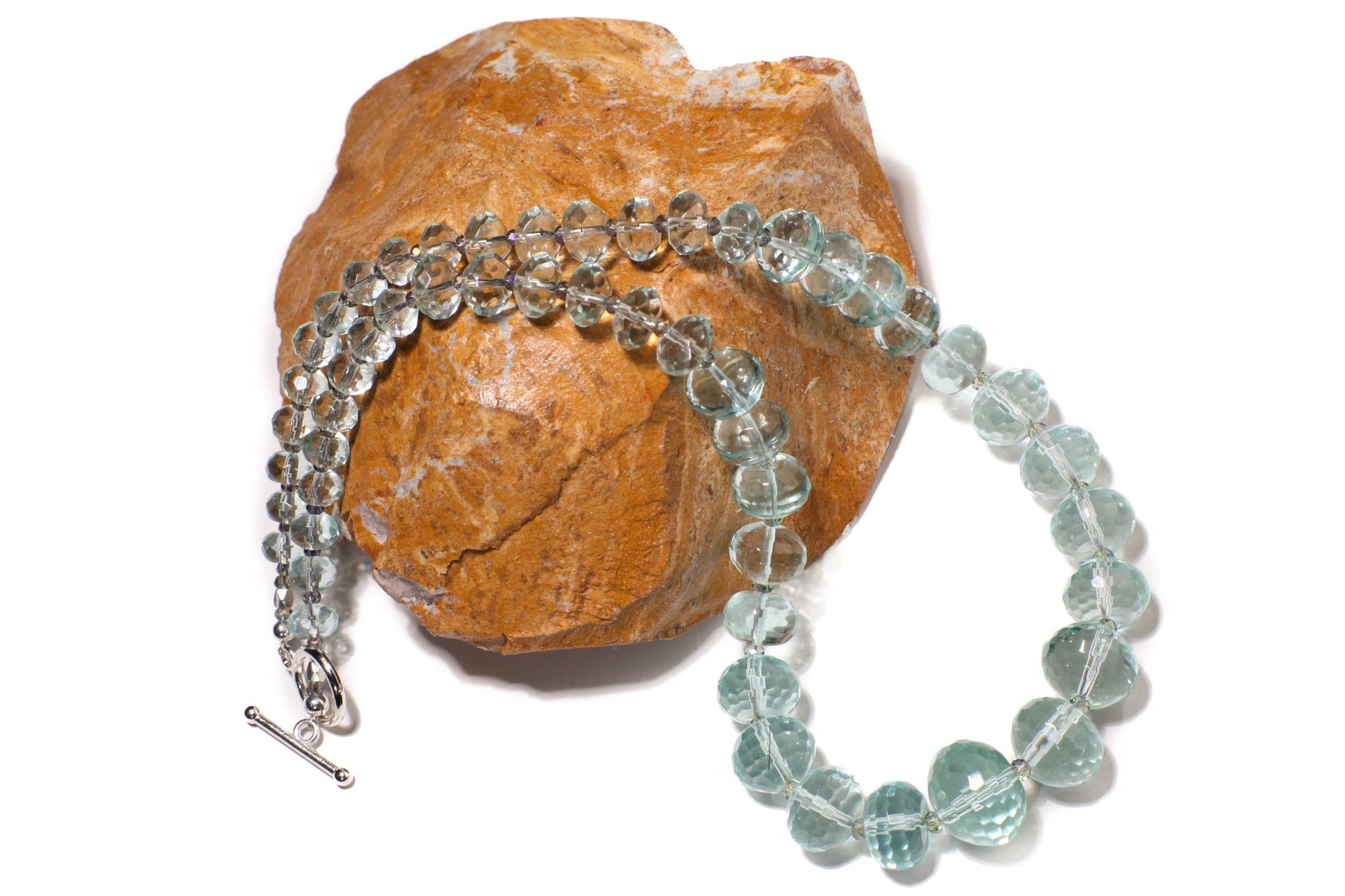 Aqua Quartz Faceted Graduated Rondelle 20.5&quot; Necklace, silver Toggle Clasp, Gift for her