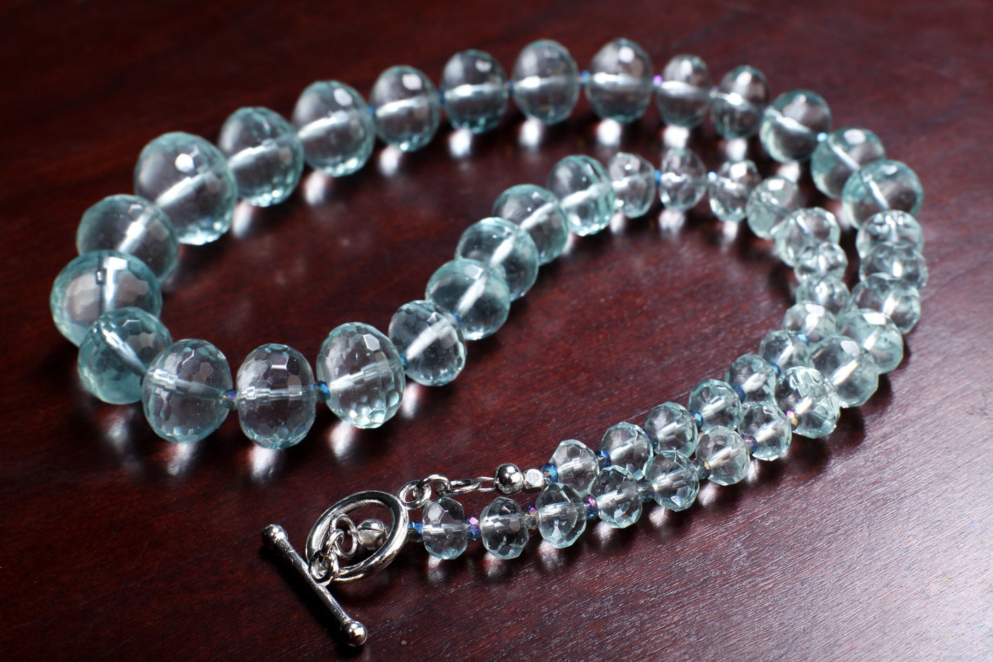 Aqua Quartz Faceted Graduated Rondelle 20.5" Necklace, silver Toggle Clasp, Gift for her
