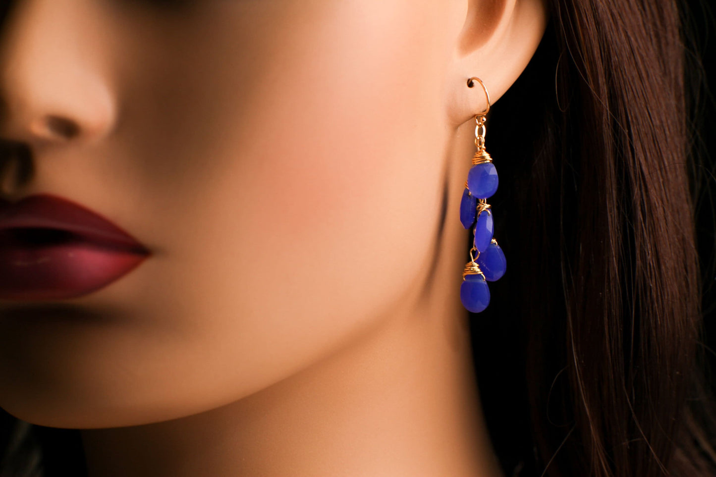 Royal Blue ,Cobalt blue Chalcedony Faceted 7x11mm pear Drop Cascade Dangling Wire Wrap earrings,14k Gold Filled or 925 sterling silver