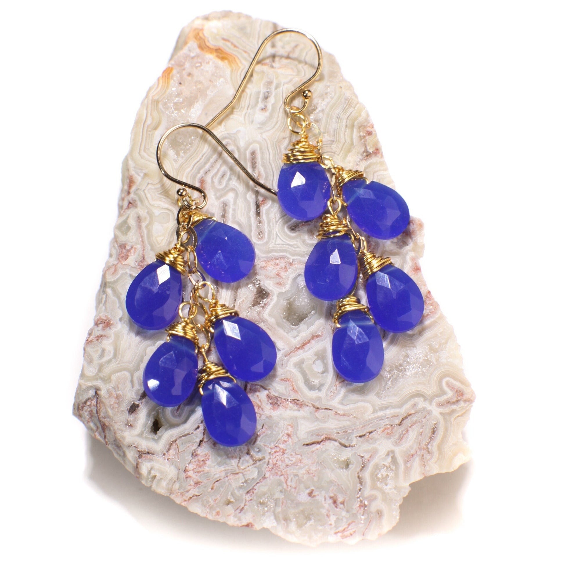 Royal Blue ,Cobalt blue Chalcedony Faceted 7x11mm pear Drop Cascade Dangling Wire Wrap earrings,14k Gold Filled or 925 sterling silver