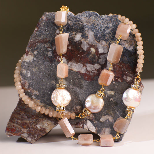 8x10mm Faceted Peach Moonstone Nugget Wire Wrapped with 12mm Freshwater Pearl Coin shape Necklace 20&quot;
