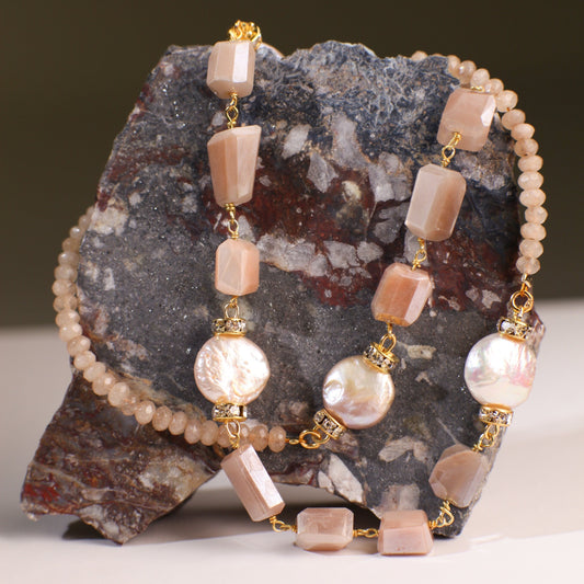 8x10mm Faceted Peach Moonstone Nugget Wire Wrapped with 12mm Freshwater Pearl Coin shape Necklace 20"