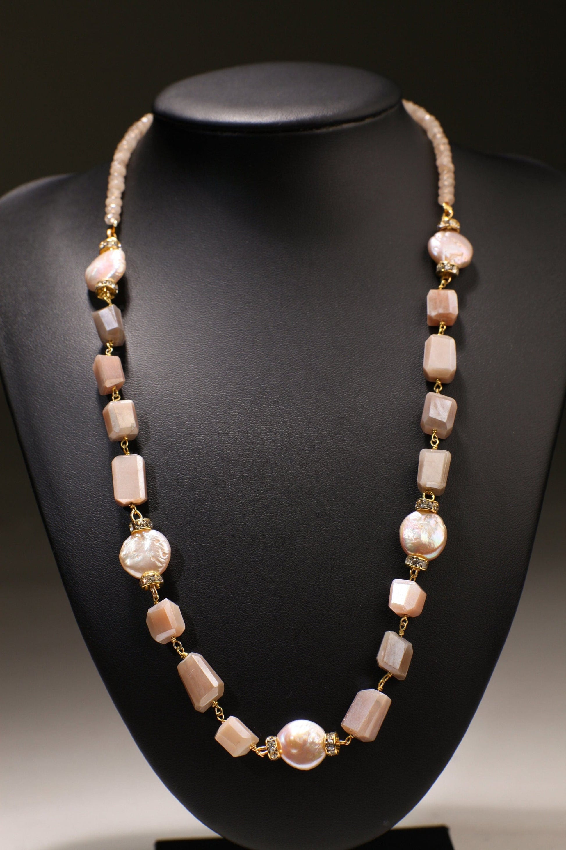 8x10mm Faceted Peach Moonstone Nugget Wire Wrapped with 12mm Freshwater Pearl Coin shape Necklace 20&quot;