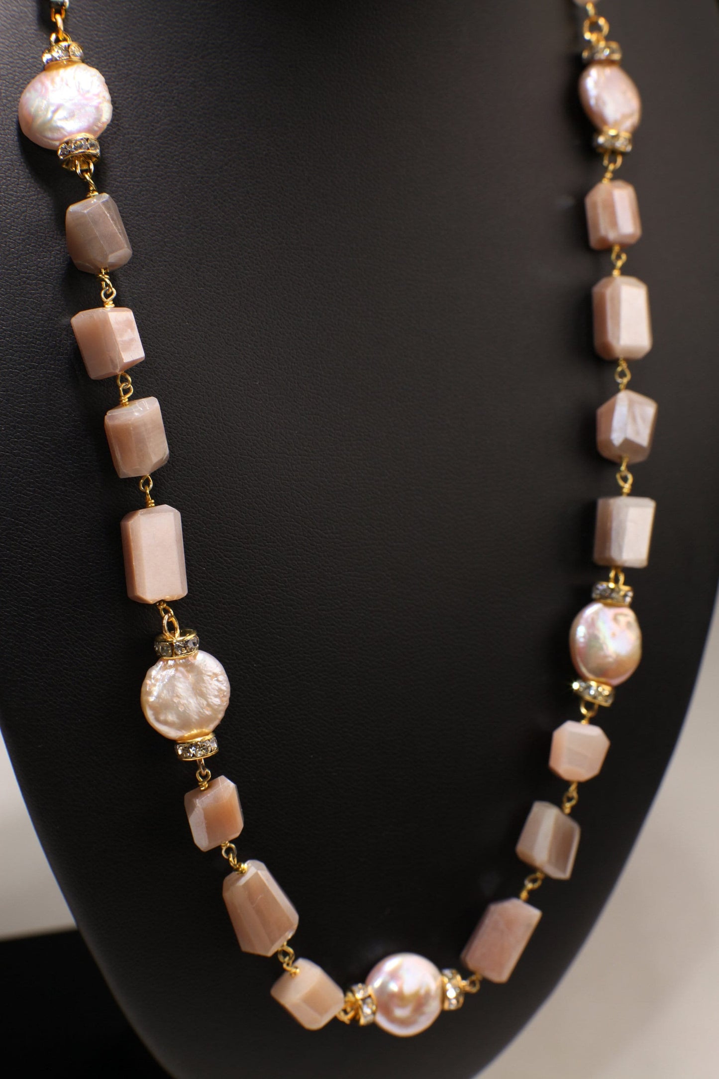 8x10mm Faceted Peach Moonstone Nugget Wire Wrapped with 12mm Freshwater Pearl Coin shape Necklace 20"