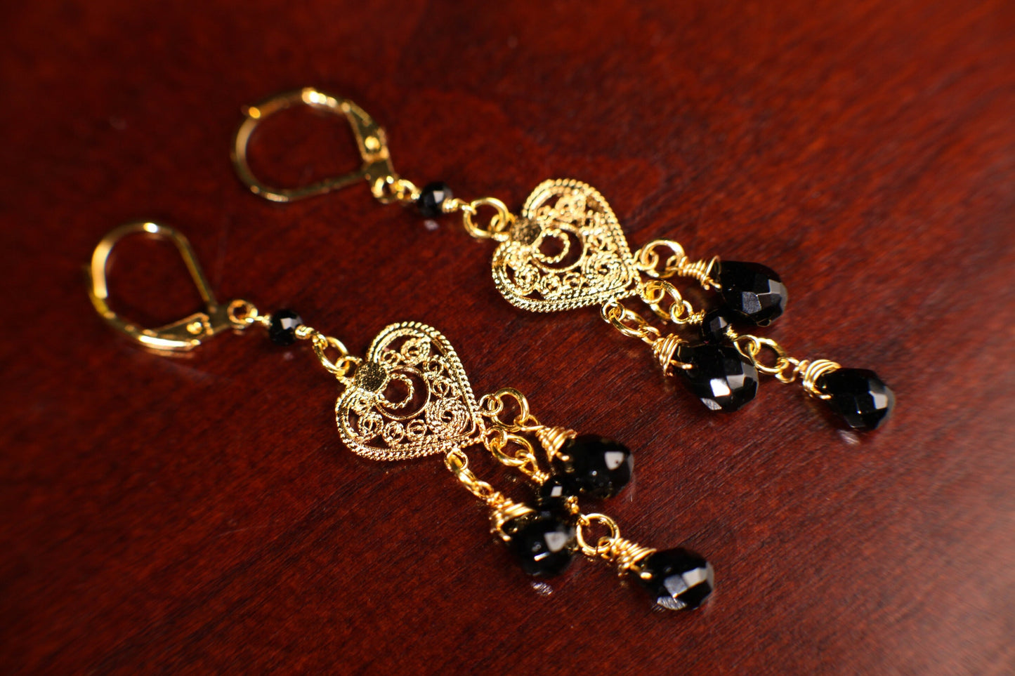 Natural Black Onyx Dangling Filigree Chandelier Heart, Faceted Onyx Spacers Wire Wrapped Gold Earrings, Handmade Gift for Her
