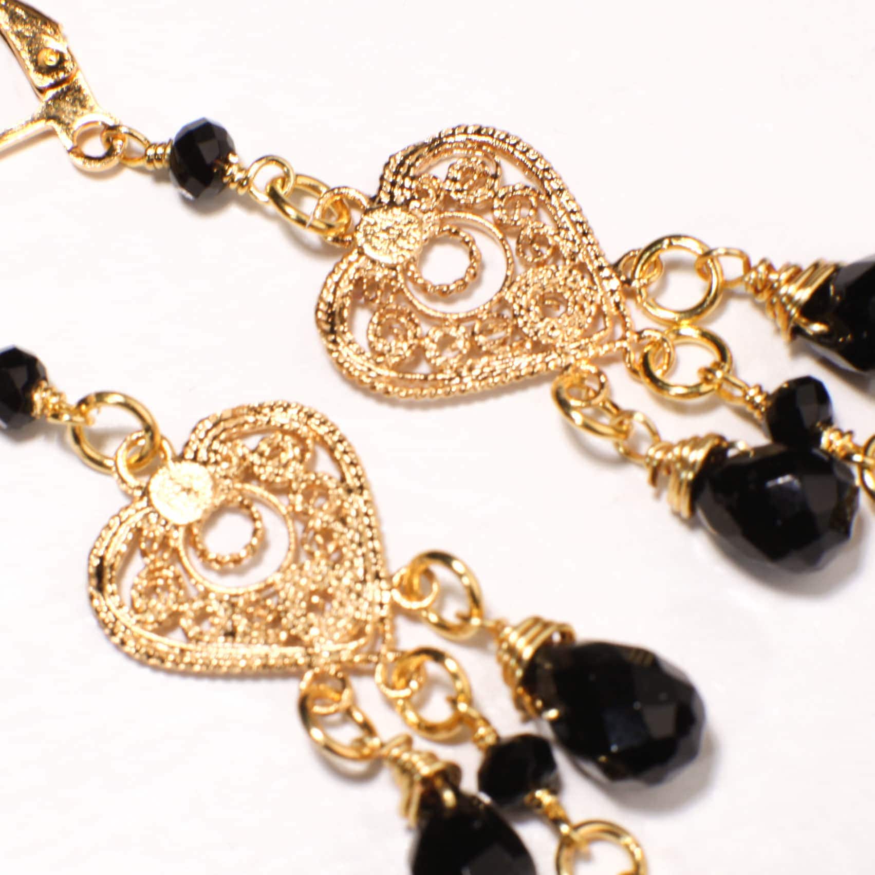 Natural Black Onyx Dangling Filigree Chandelier Heart, Faceted Onyx Spacers Wire Wrapped Gold Earrings, Handmade Gift for Her