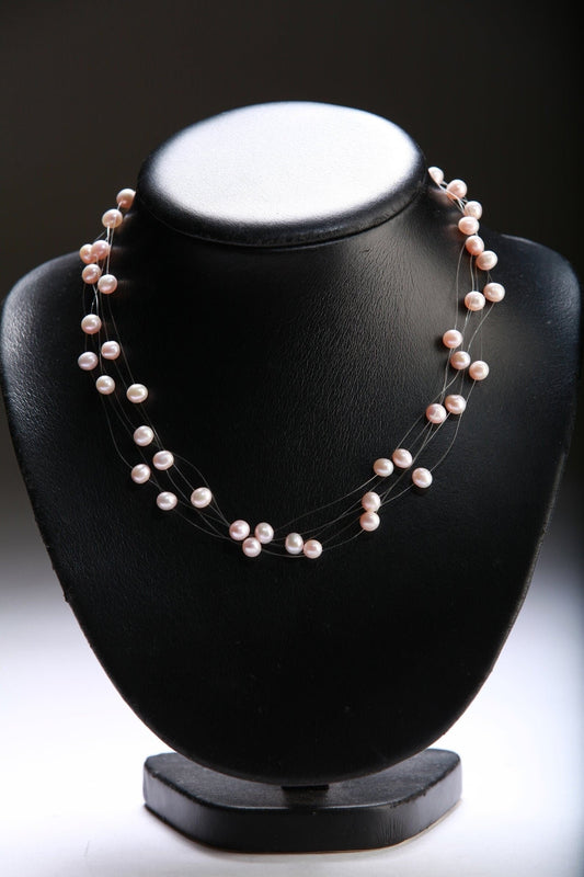 Natural Fresh Water Cultured Pearl Pink 5 Line Floating Bridal Illusion 16" Adjustable Plus 2" Extension Necklace,