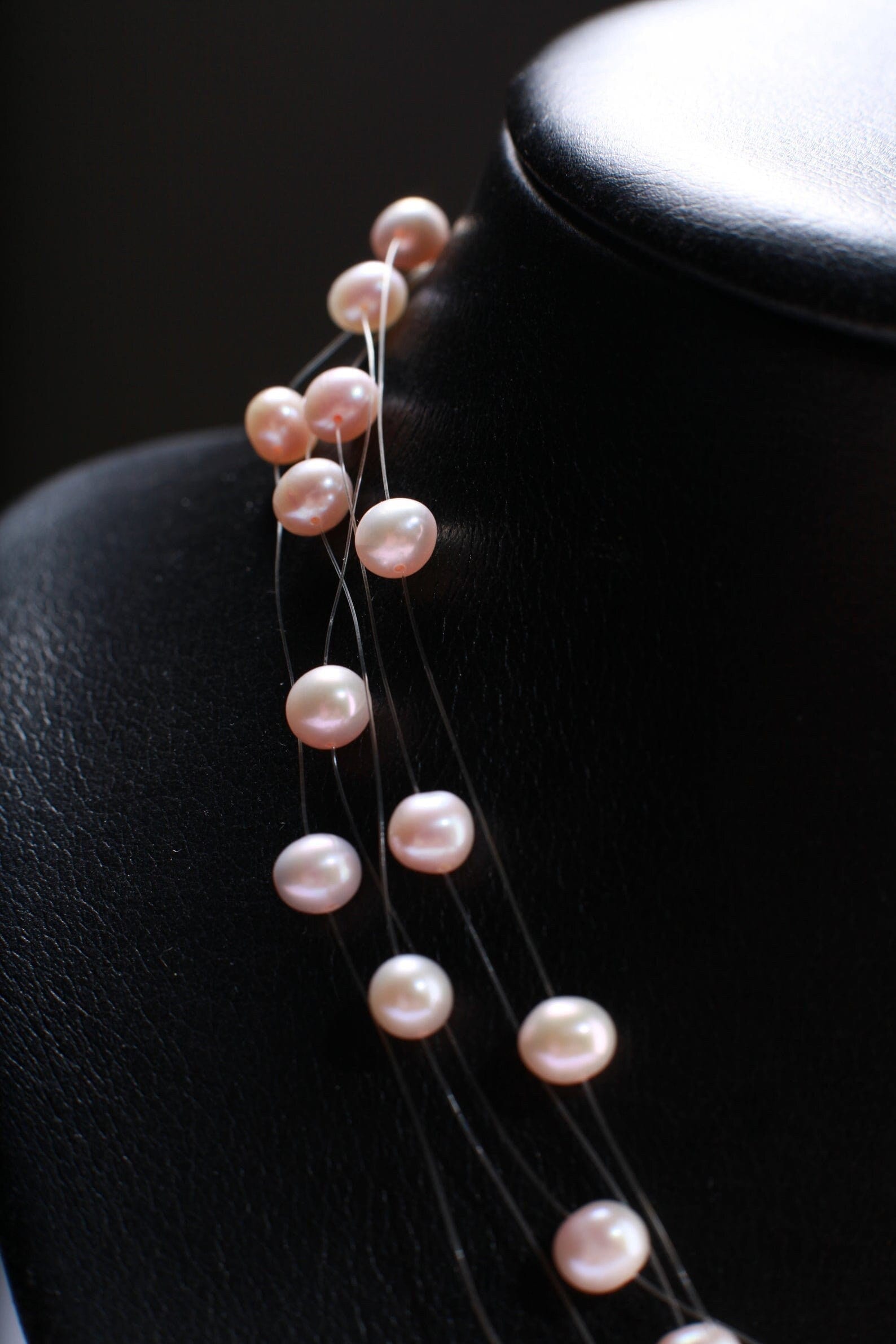 Natural Fresh Water Cultured Pearl Pink 5 Line Floating Bridal Illusion 16&quot; Adjustable Plus 2&quot; Extension Necklace,
