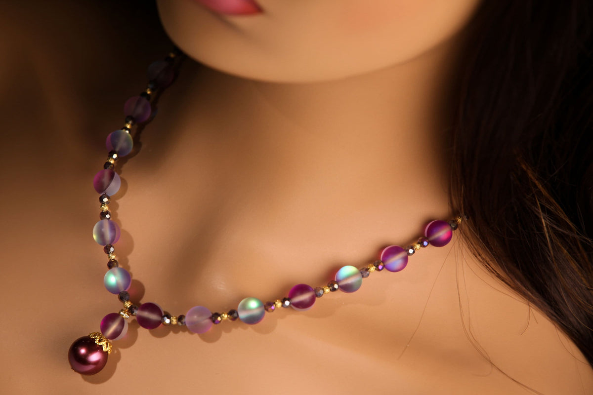 Matte Purple Sea Glass 10mm, South Sea Seashell Pearl, Matching Earrings Jewelry Set. 14mm Pearl Centerpiece 18" Necklace 2" Extension Chain