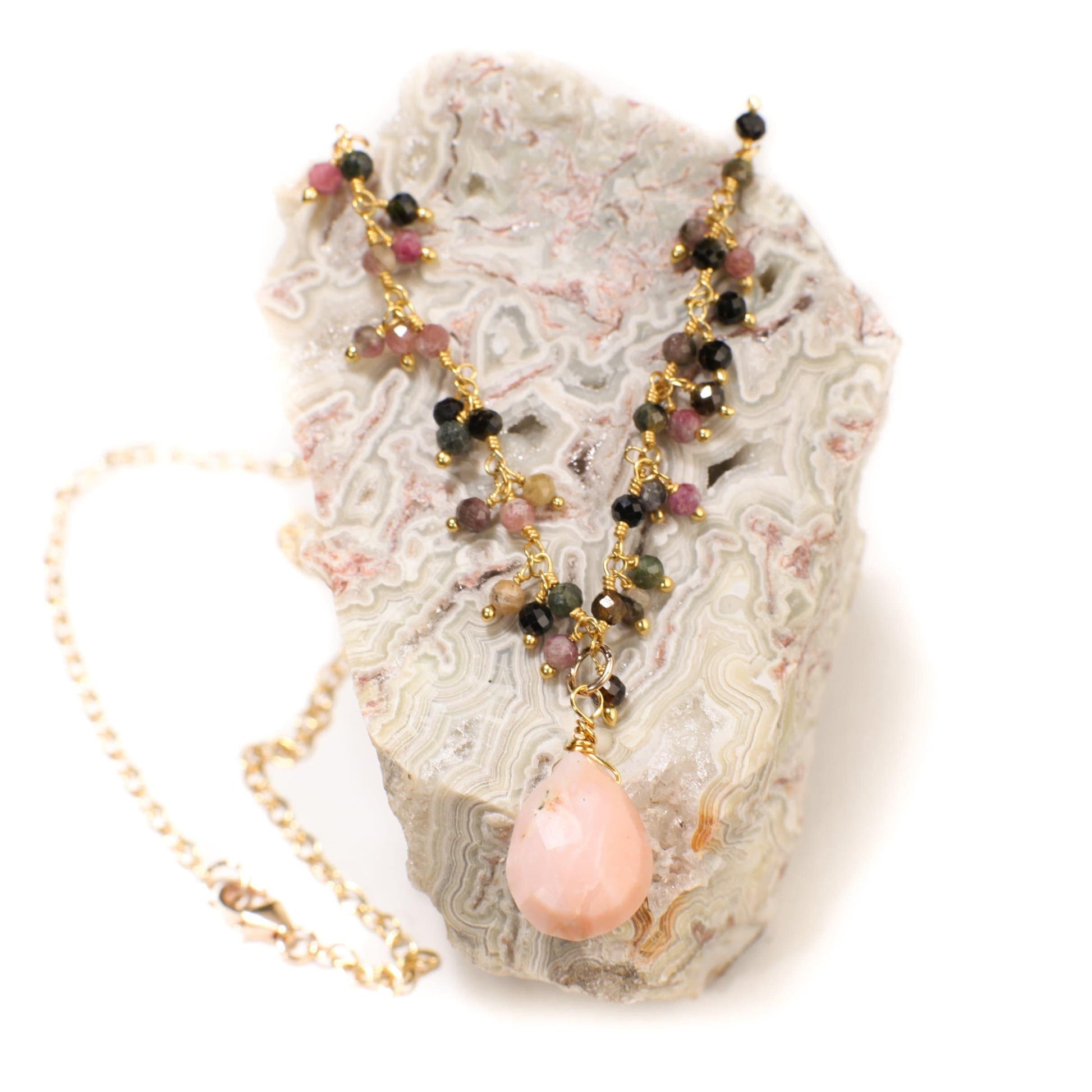 Pink Peruvian Wire Wrapped Opal Teardrop 10x14mm 14K Gold Filled Chain, Watermelon Tourmaline Cluster Chain 16" Necklace