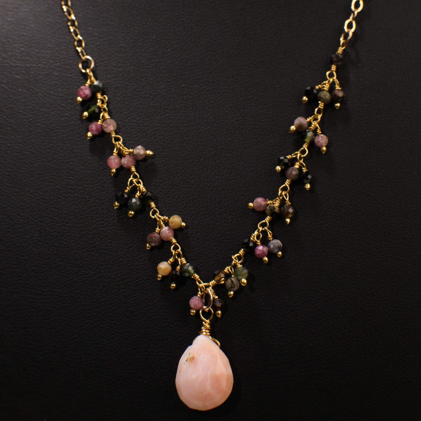 Pink Peruvian Wire Wrapped Opal Teardrop 10x14mm 14K Gold Filled Chain, Watermelon Tourmaline Cluster Chain 16&quot; Necklace