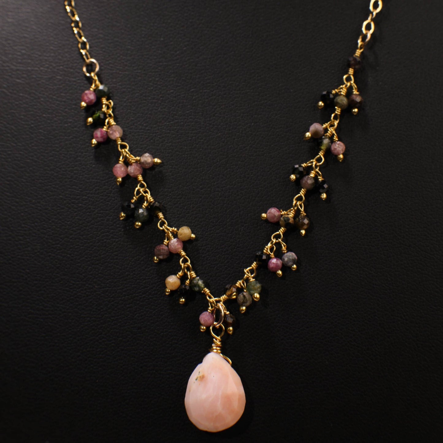 Pink Peruvian Wire Wrapped Opal Teardrop 10x14mm 14K Gold Filled Chain, Watermelon Tourmaline Cluster Chain 16" Necklace