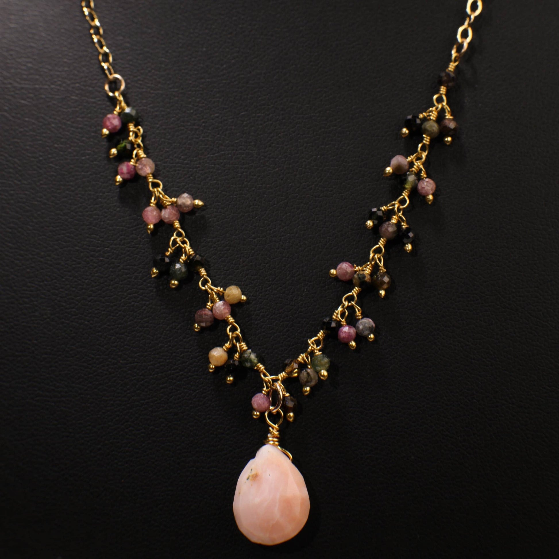Pink Peruvian Wire Wrapped Opal Teardrop 10x14mm 14K Gold Filled Chain, Watermelon Tourmaline Cluster Chain 16" Necklace
