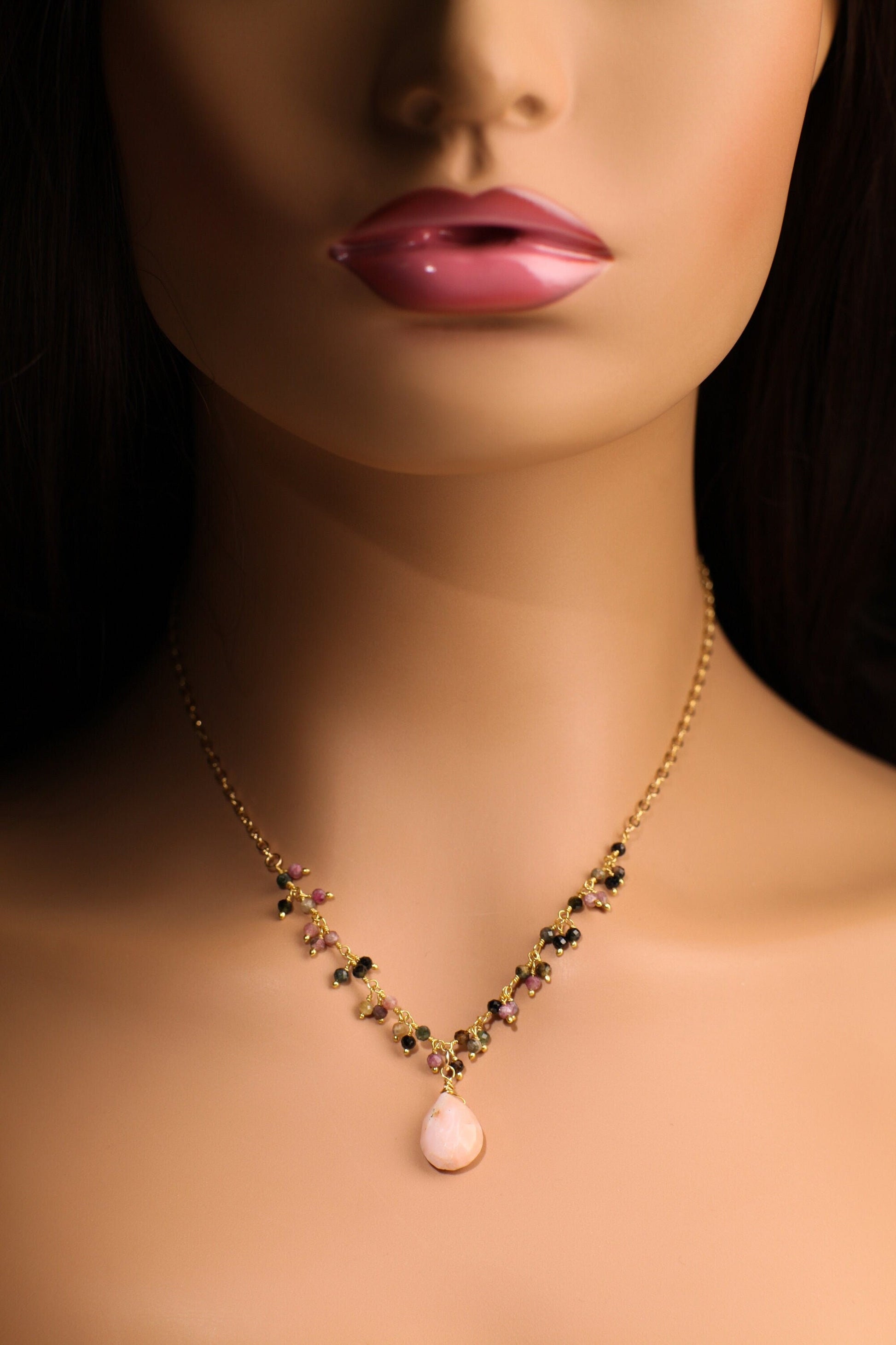 Pink Peruvian Wire Wrapped Opal Teardrop 10x14mm 14K Gold Filled Chain, Watermelon Tourmaline Cluster Chain 16" Necklace