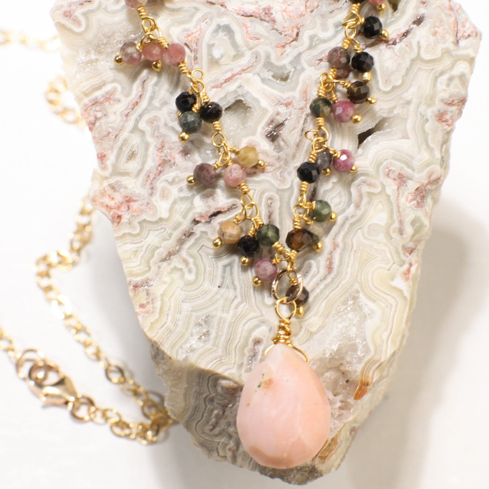 Pink Peruvian Wire Wrapped Opal Teardrop 10x14mm 14K Gold Filled Chain, Watermelon Tourmaline Cluster Chain 16" Necklace