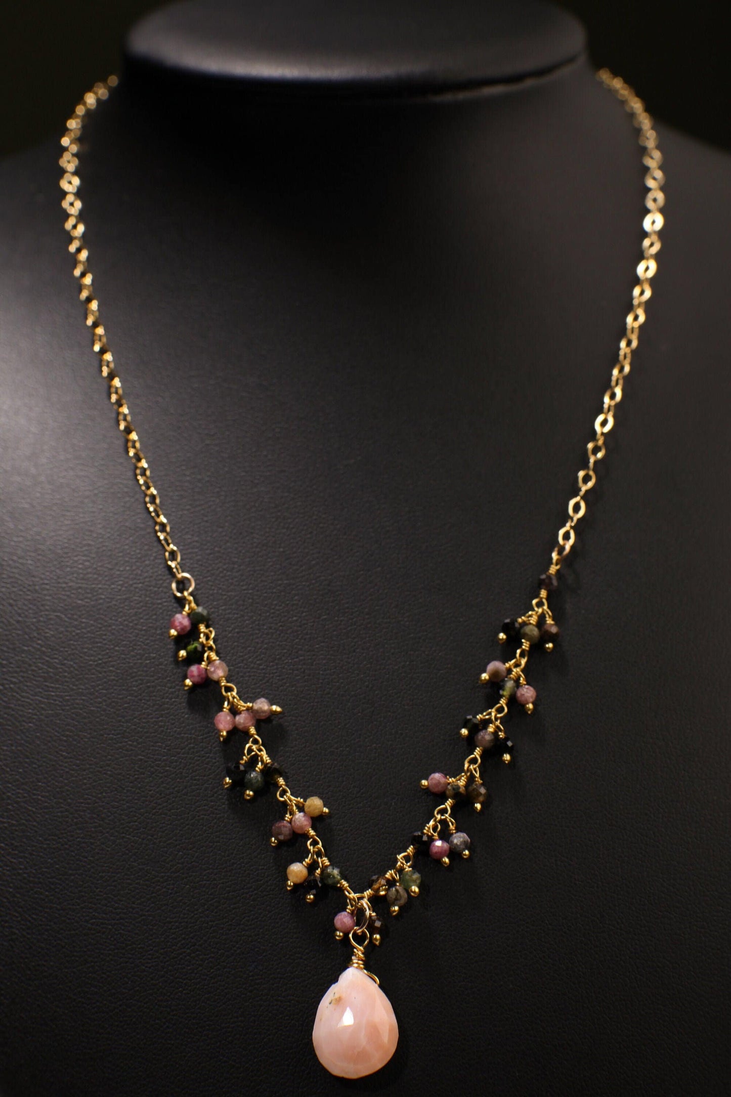 Pink Peruvian Wire Wrapped Opal Teardrop 10x14mm 14K Gold Filled Chain, Watermelon Tourmaline Cluster Chain 16" Necklace