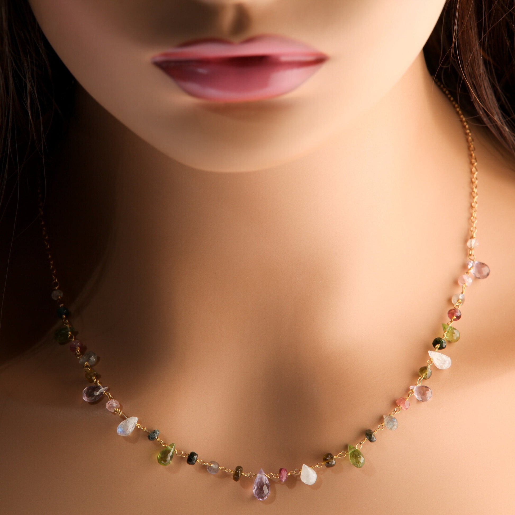 Multi Gemstones Necklace Wire Wrapped Faceted Peridot, Moonstone Briolette Drop 4x6-5x9mm,Rondelle in 14K Gold Filled Chain & Clasp Necklace