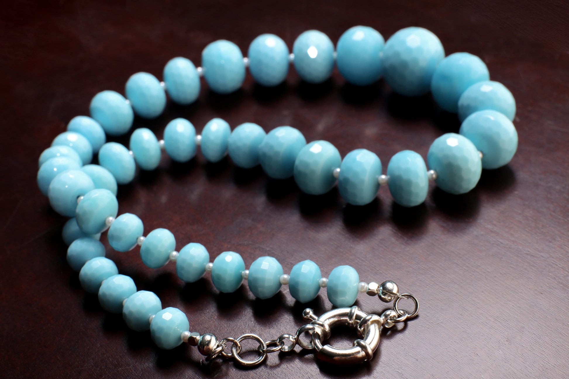 Turquoise Blue Quartz Faceted Graduated Rondelle 20.5" Necklace