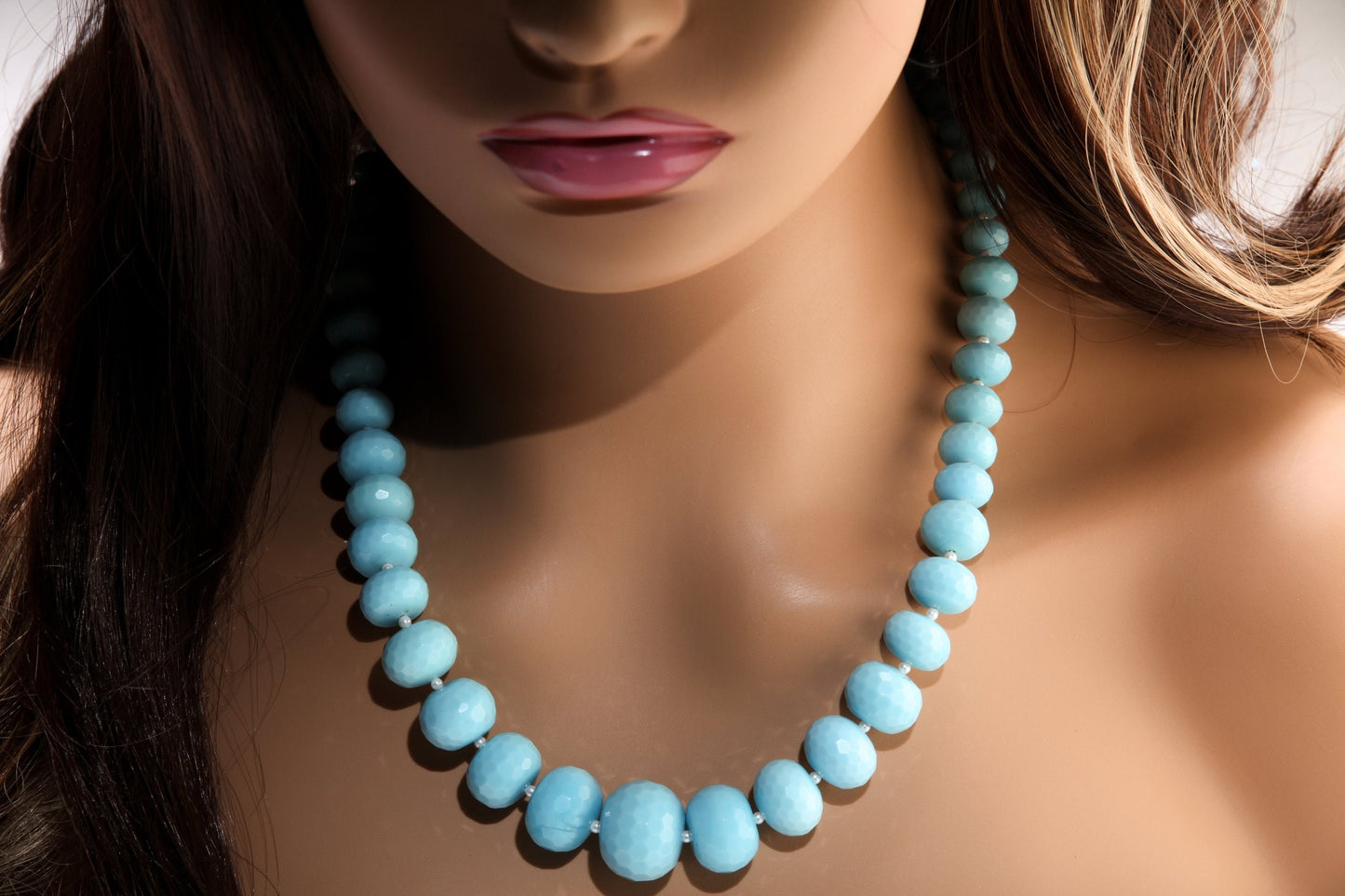 Turquoise Blue Quartz Faceted Graduated Rondelle 20.5&quot; Necklace