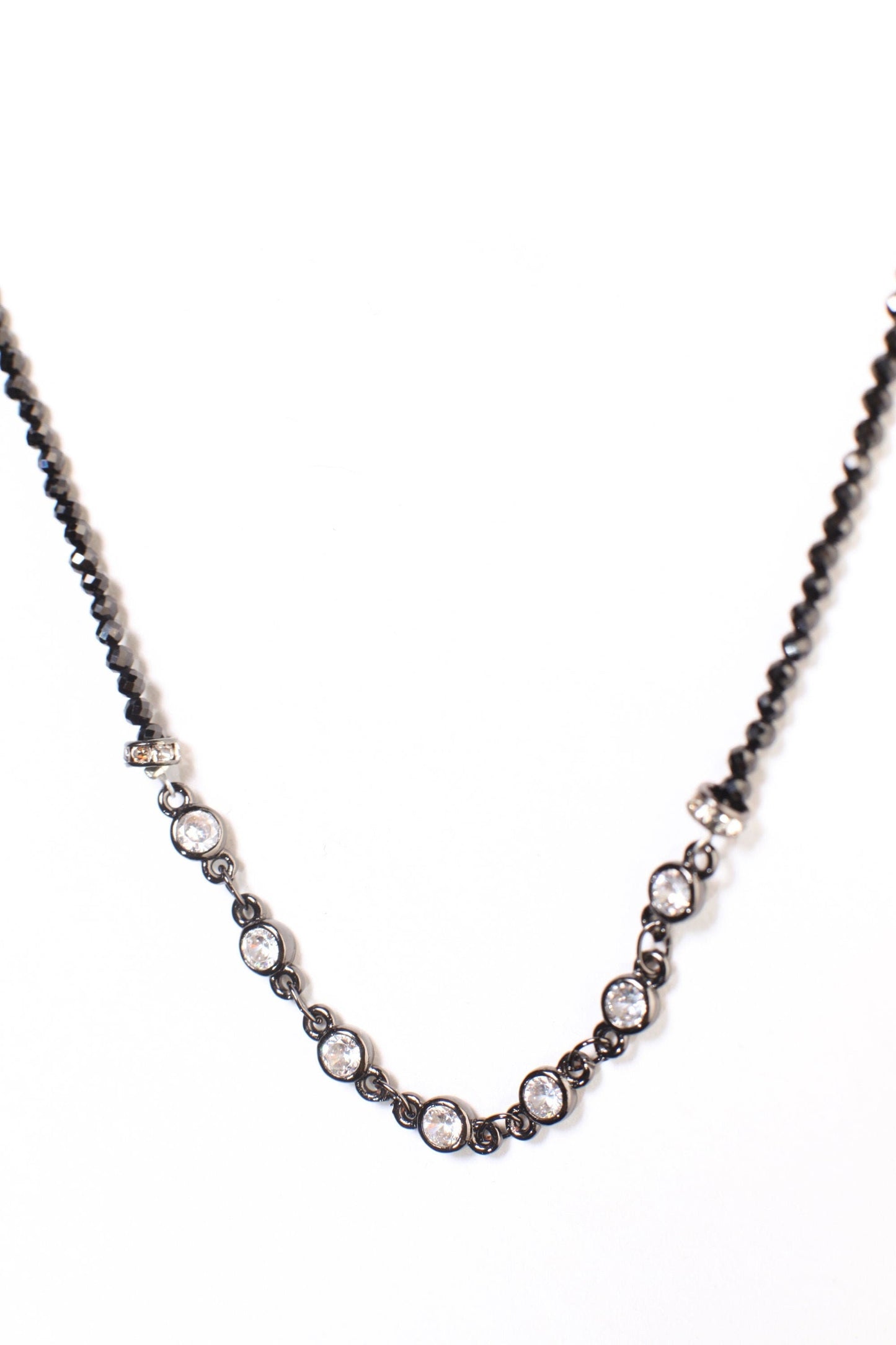Black Spinel Diamond Cut Choker Necklace with 4mm Cubic Zirconia Disk and Rhinestone Spacers Necklace