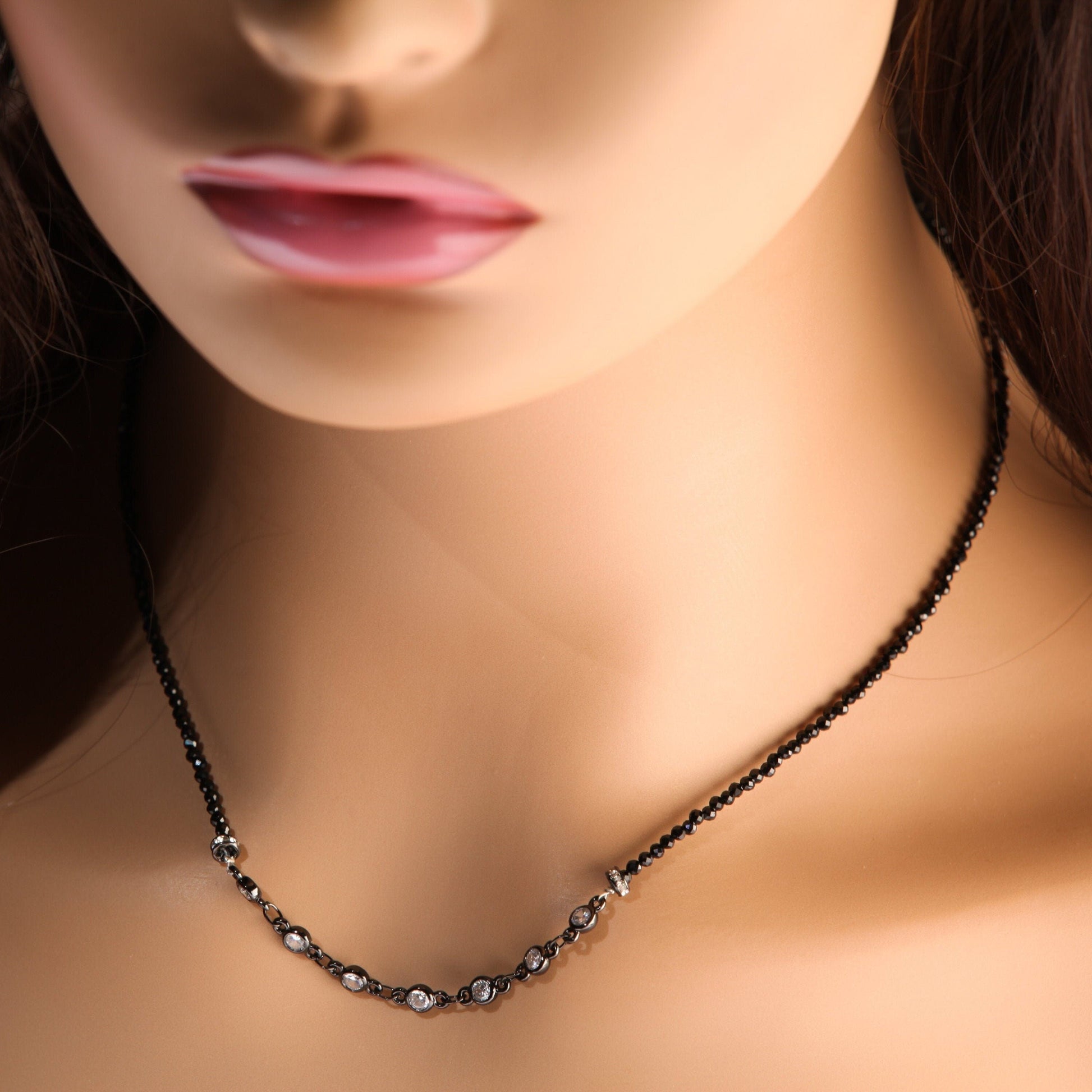 Black Spinel Diamond Cut Choker Necklace with 4mm Cubic Zirconia Disk and Rhinestone Spacers Necklace