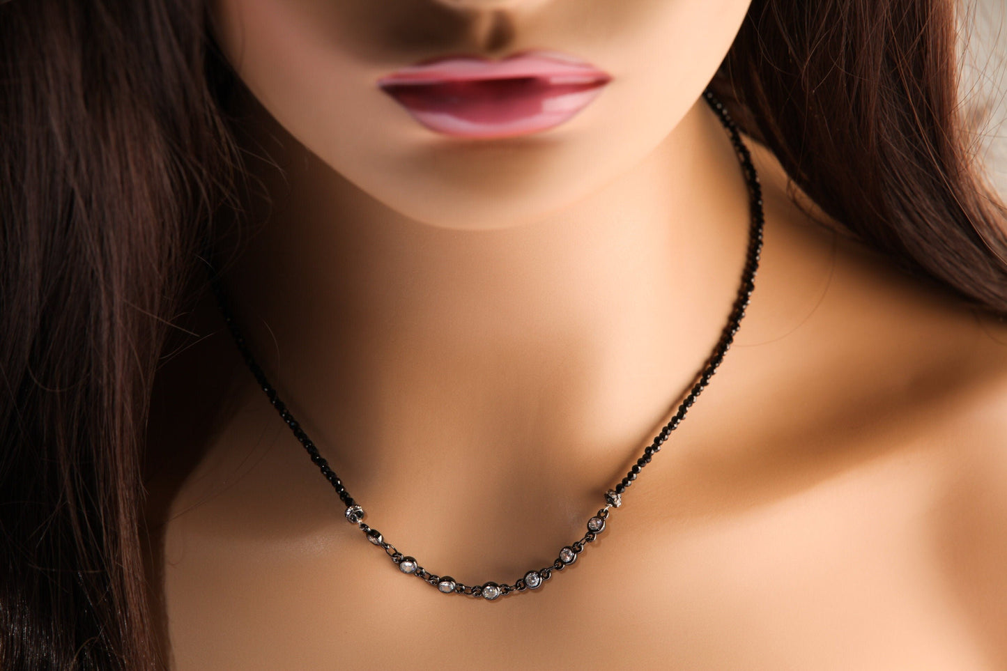 Black Spinel Diamond Cut Choker Necklace with 4mm Cubic Zirconia Disk and Rhinestone Spacers Necklace