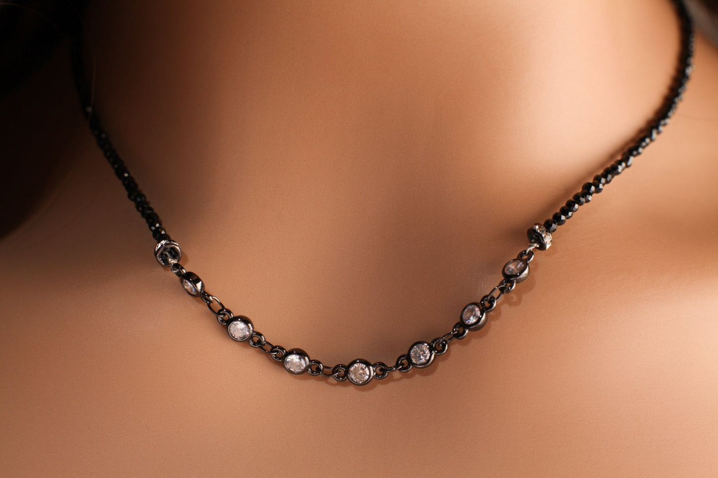Black Spinel Diamond Cut Choker Necklace with 4mm Cubic Zirconia Disk and Rhinestone Spacers Necklace