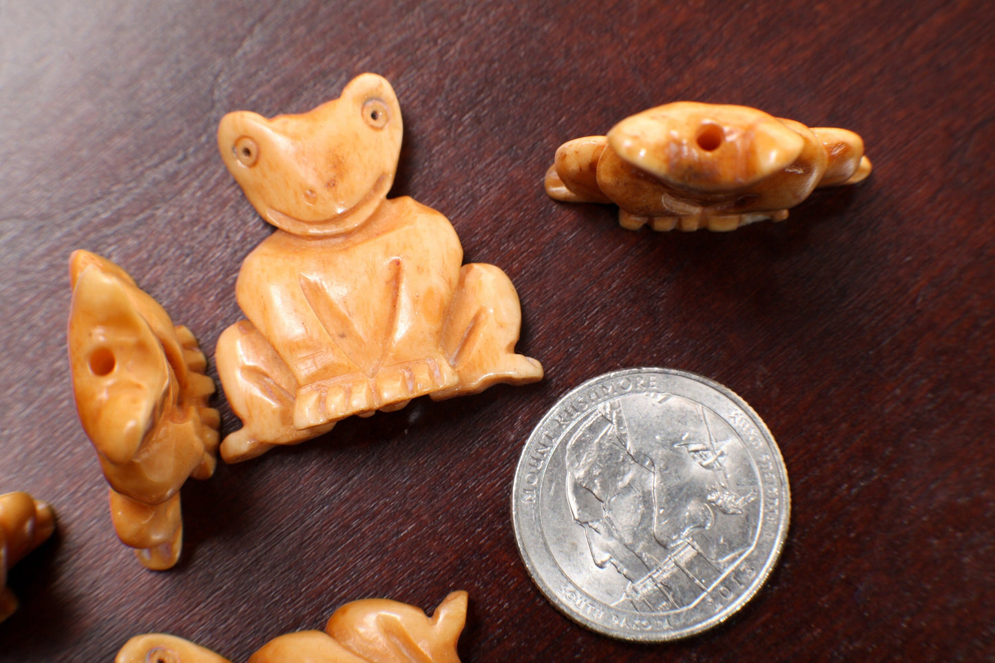 Carved Buffalo Bone Frog, 26x29mm Hand Crafted Double Sided Animal Figurine Drilled Bead, Art Deco