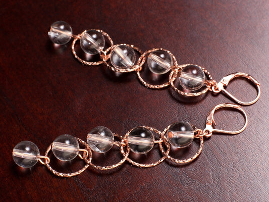 Brazilian Rock Crystal Clear Quartz Dangling Rose Gold Circle Earrings